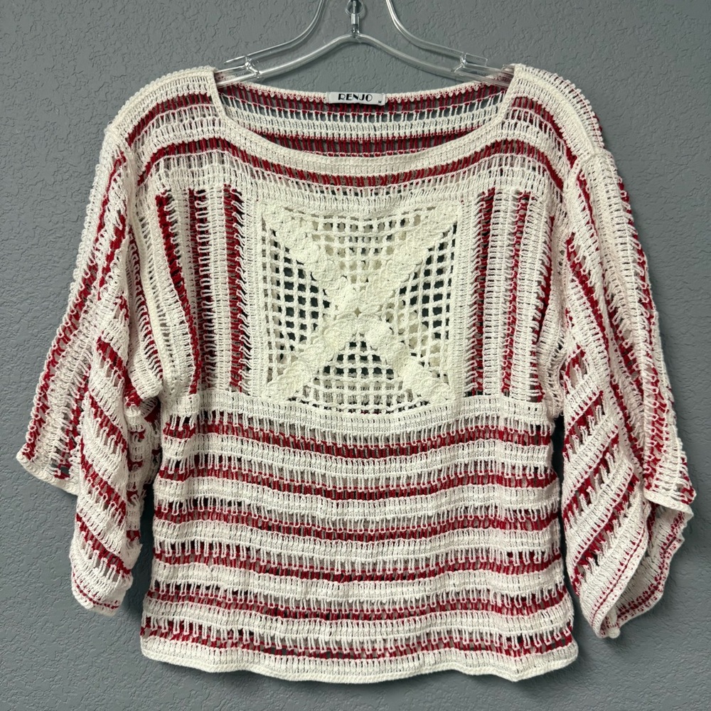 Women's Red and White Striped Crochet Blouse